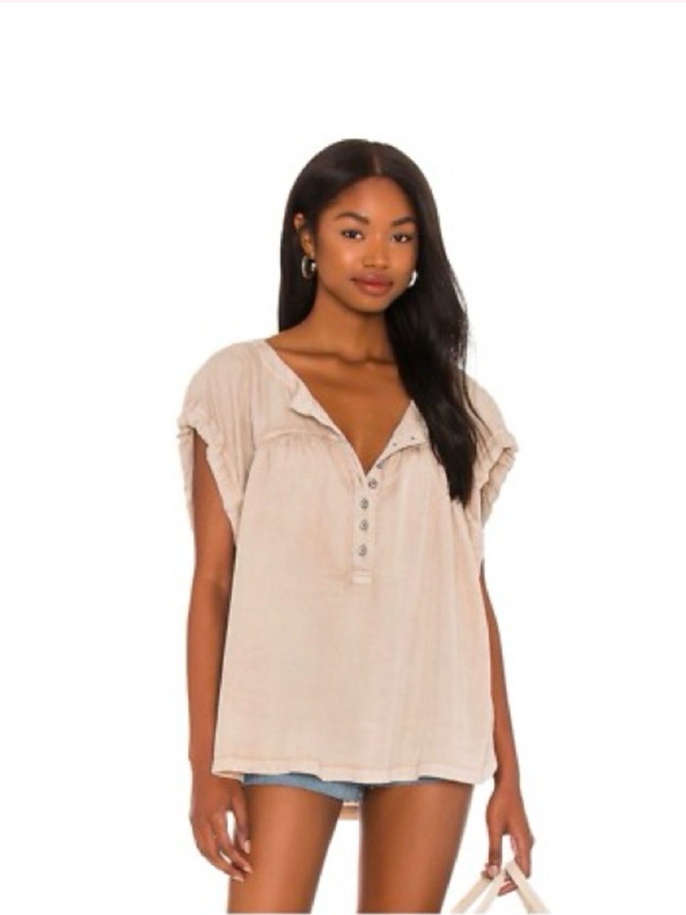 Free People Dusty Blush Ruched Tie Short Sleeve Henley Button Front Raw Edges